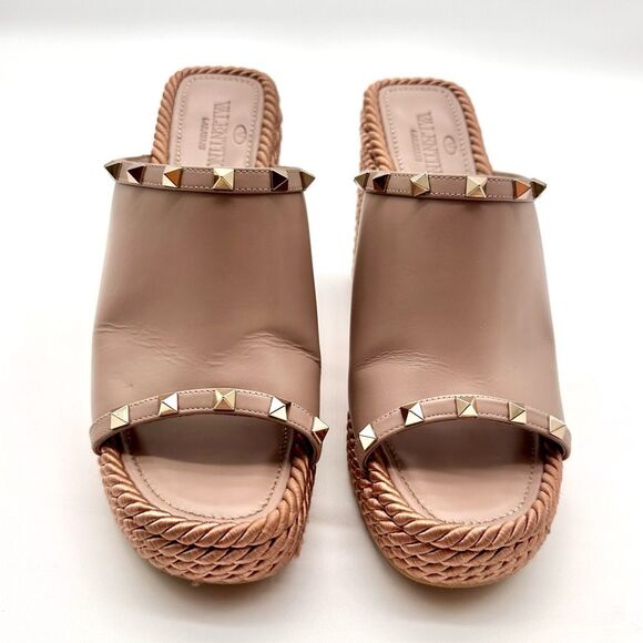 Valentino Garavani Torchon Rockstud Wedge Espadrille Sandals Nude Leather EU 41 - Picture 9 of 15